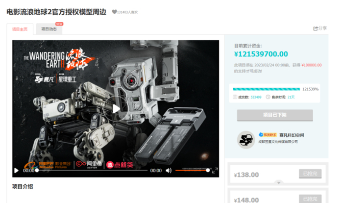 《流浪地球2》衍生品众筹卖出超1亿。图/造点新货官网