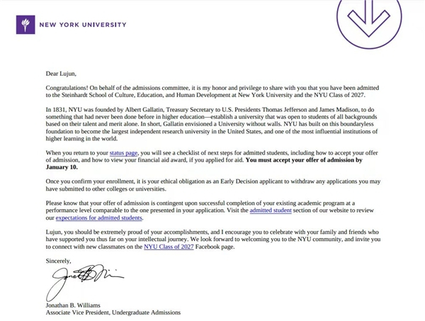 　　Renatus的纽约大学录取通知截图