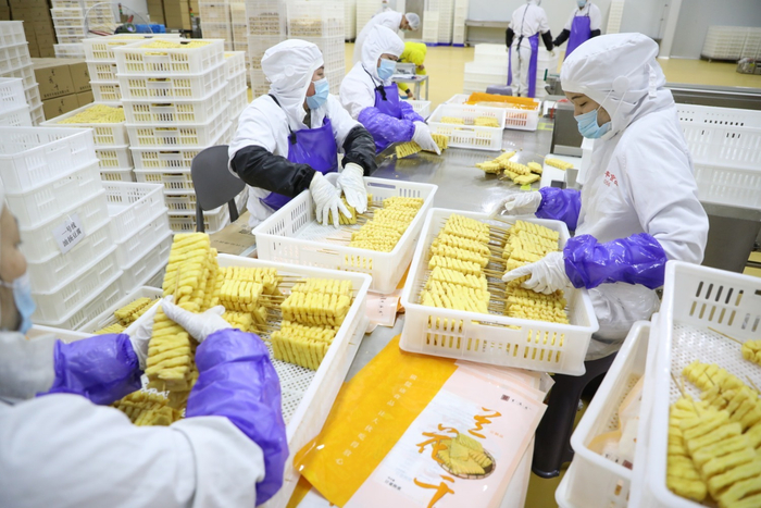 图为香河县丰丰食品有限公司，工人正在对做好的兰花干进行包装。