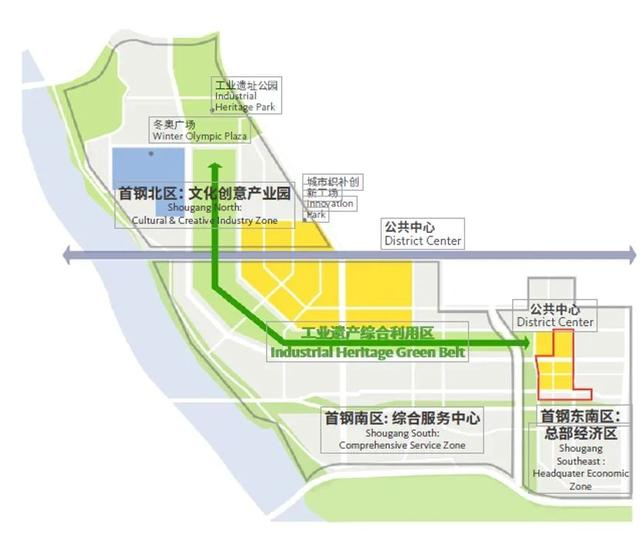 新首钢东南区作为总部经济的集中地，也是新首钢区域唯一的居住生活配套板块。示意图/石景山区政府官网截图
