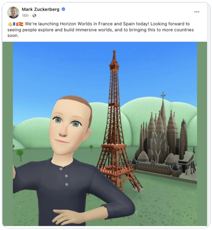 被吐槽画质的 Horizon Worlds ｜图片来源：扎克伯格 Facebook