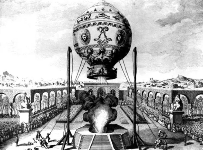 图为1783年的气球飞行实验 绘画：Claude-Louis Desrais （1746-1816）