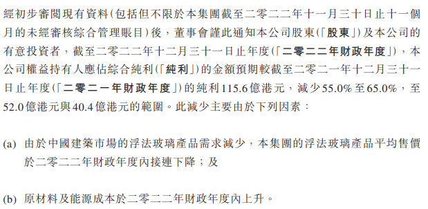 年度盈利预警摘要，数据来源：信义玻璃2022年12月公告