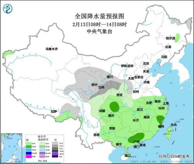 图2 全国降水量预报图（13日08时-14日08时）