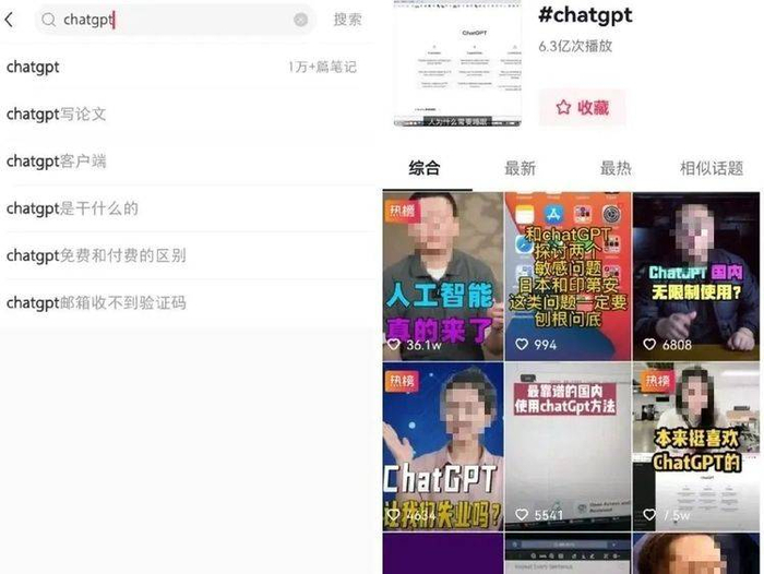图/ChatGPT小红书帖文（左）抖音ChatGPT话题（右），来源/燃次元截图
