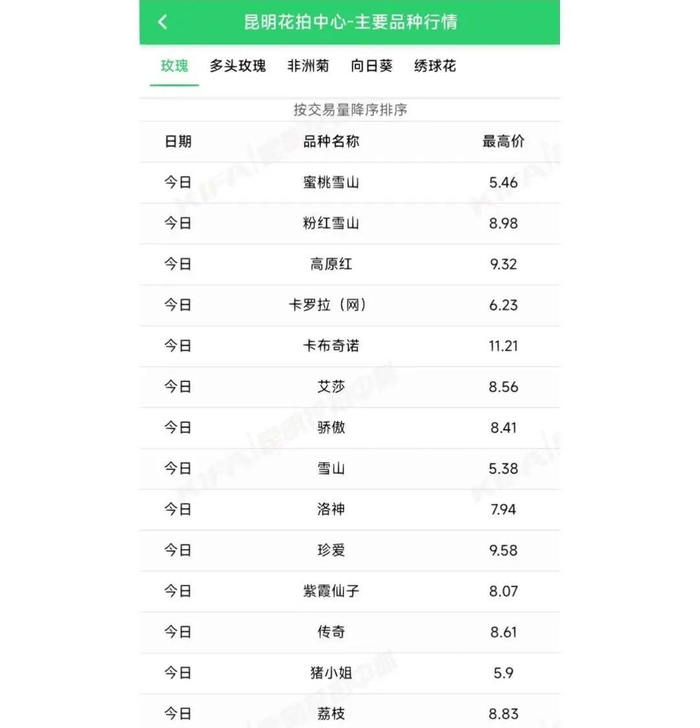 2月7日晚9点斗南花市批发价，最右列为单枝最高价格，图源小红书