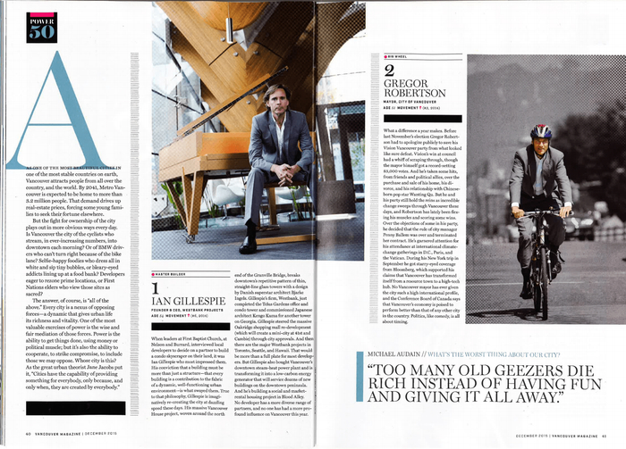 　　图：《温哥华杂志》2015年期刊，封面正是Ian Gillespie