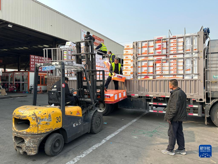 　　在沧州传化公路港，工人们正在进行卸货。新华社记者张硕 摄