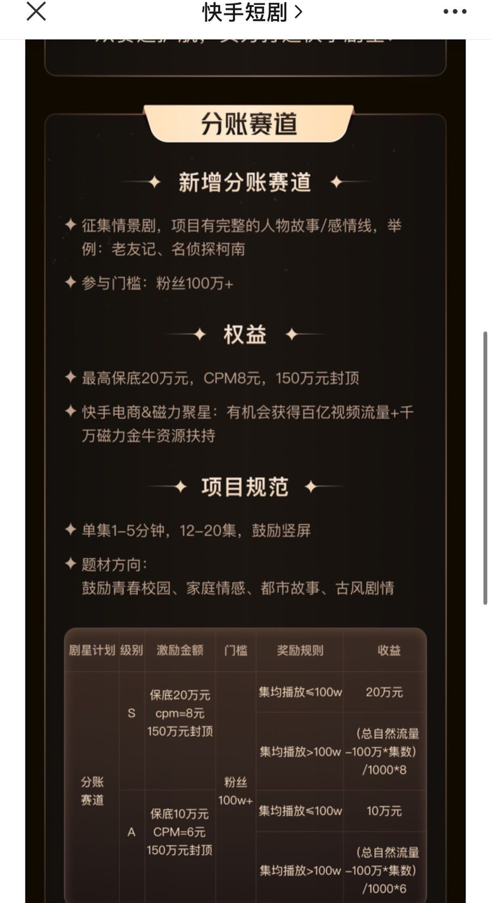 快手“剧星计划”分账规则