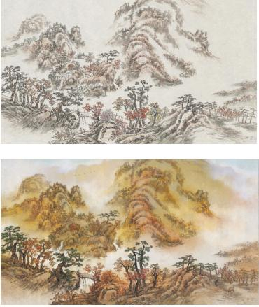 上图为田鹏绘画的山水背景，下图为田宇在父亲画作的基础上加入了色彩、动物等细节