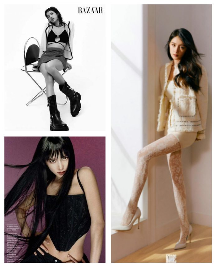 杨幂、Lisa、Jisoo最新杂志造型中对蕾丝裤袜、镂空内衣、鱼骨胸衣的搭配，也不失为闺房风穿搭模板