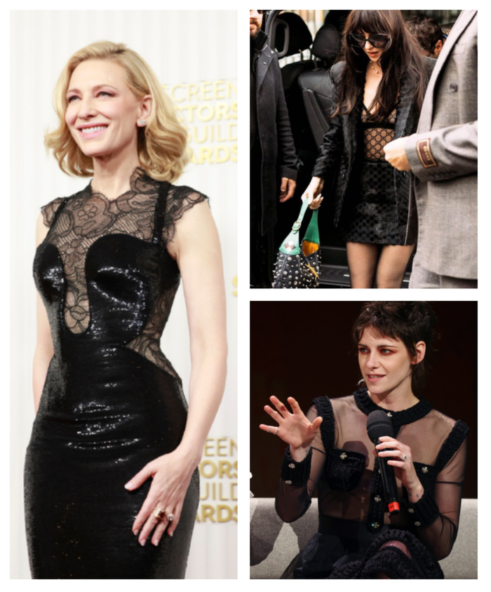 凯特·布兰切特、德科塔·约翰逊、克里斯汀·斯图尔特近期造型，分别用亮面、套装以及自带的T气中和闺房风的挑逗意味