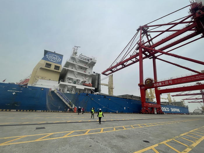 6.2万吨级纸浆船“中远海运开拓轮”（财联社记者拍摄）