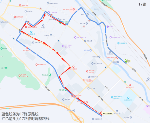 17路临时调整路线绕行图。
