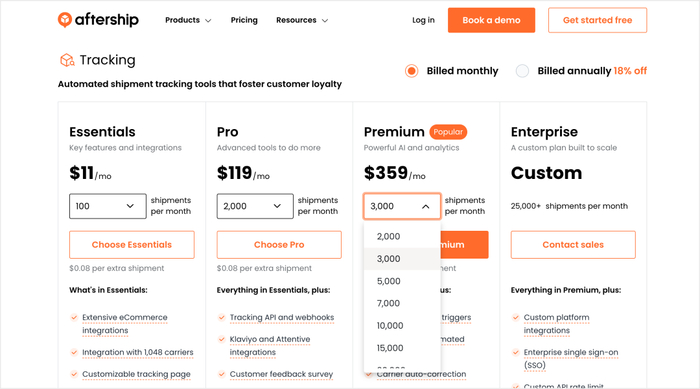 （图片来源：https://www.aftership.com/pricing/tracking）