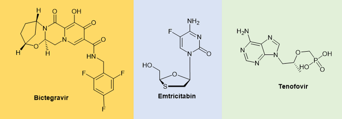 图1. Bictegravir， emtricitabin， tenofovir化学结构。