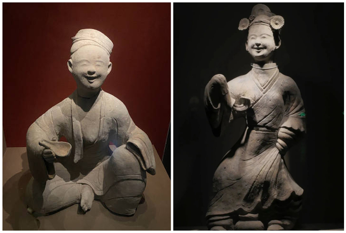 ▲左为陶哺乳持瓢俑；右为陶女舞俑。图源：成都博物馆