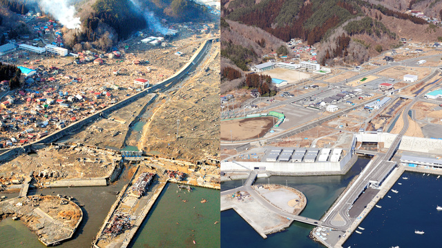 岩手县宫古市田老村今昔对比图（社交媒体截图）