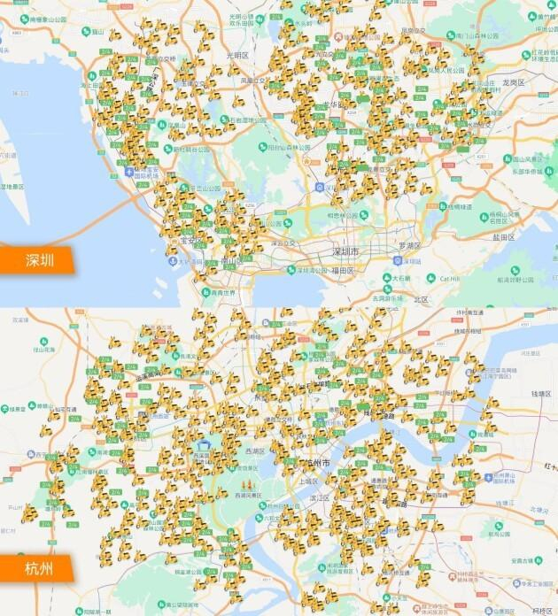 　　嘟嘟换电在深圳、杭州换电网点、换电车辆分布示意图