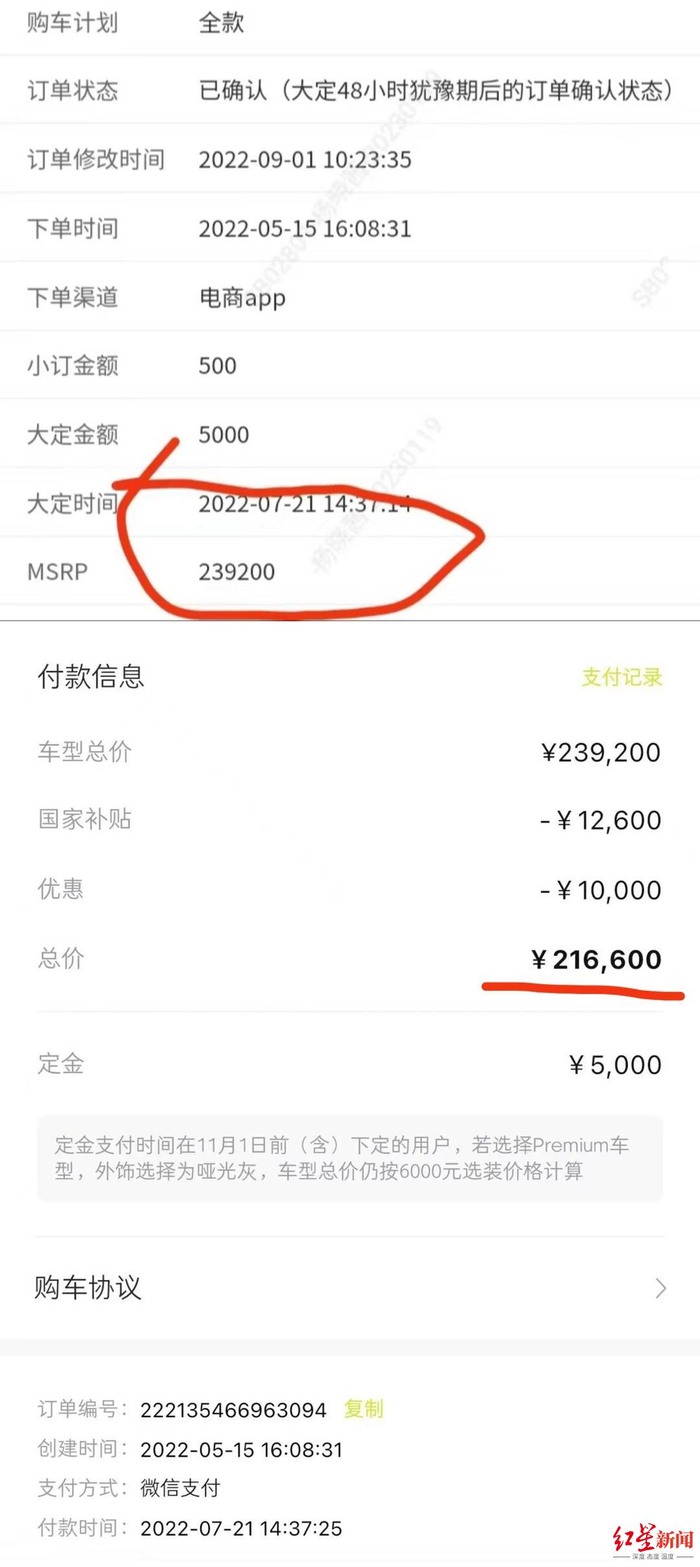 ▲红圈处为魏女士通过客服查询的订单销售价格，下面红线处为魏女士提供的自己在APP上看到的价格