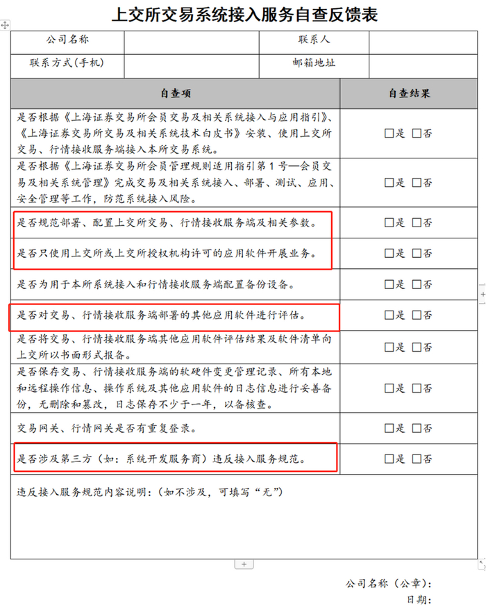 图为上交所交易系统接入服务自查反馈表