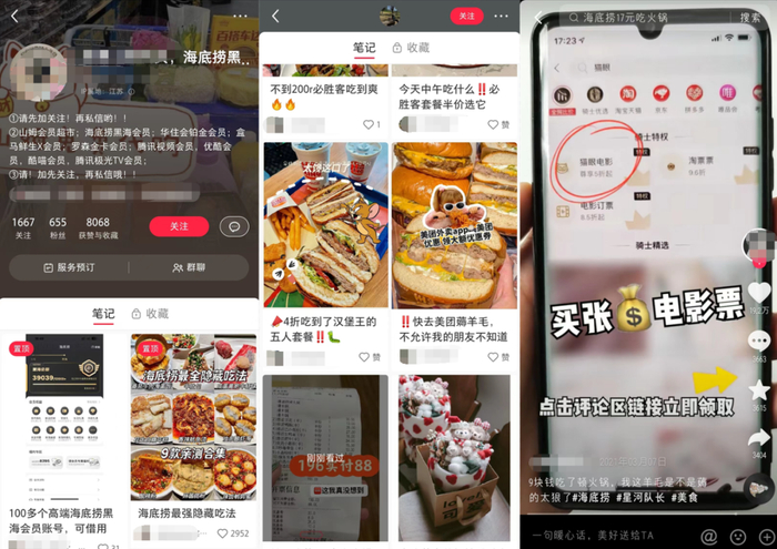 小红书、抖音中“薅羊毛”博主截图