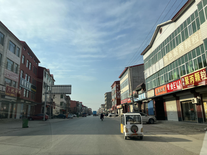 ↑在文安县赵各庄镇街边，布满了各色的涉塑招牌与店铺，但门前却很少有人出没 罗梦婕 摄