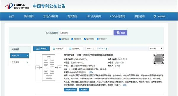 　　图为众创指购的商业模式“一种基于激励股权共享制的电商平台系统”发明专利公布公告