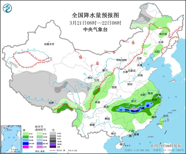 图2 全国降水量预报图（3月21日08时-22日08时）