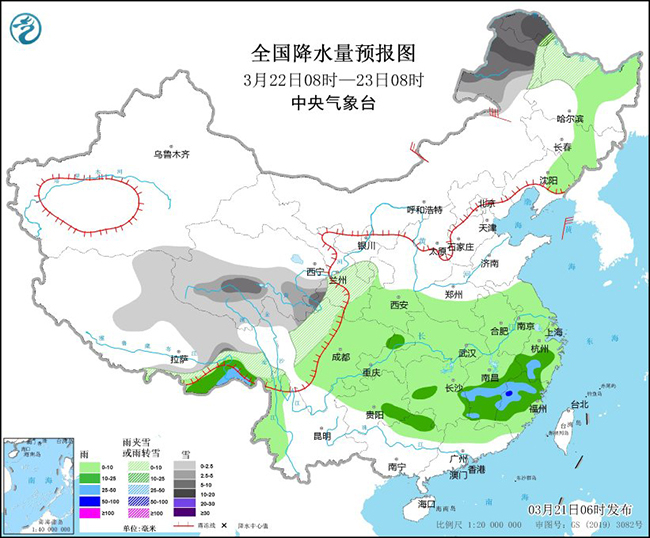 图3 全国降水量预报图（3月22日08时-23日08时）