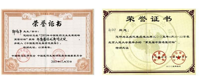 郑海平教授荣誉证书