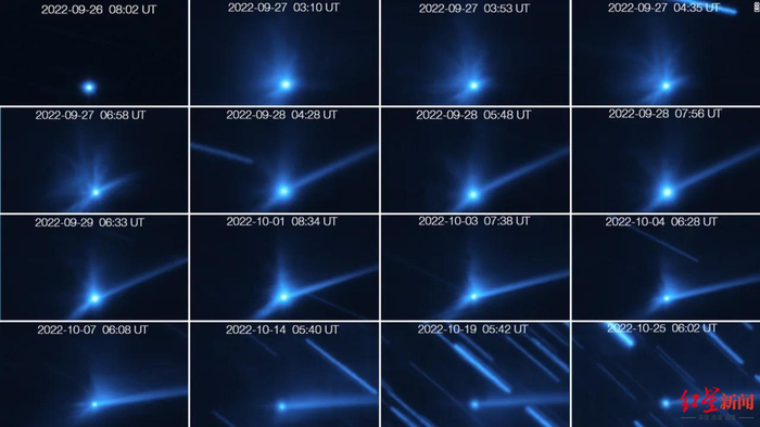 ↑研究人员利用智利的甚大望远镜追踪DART撞击产生的碎片云