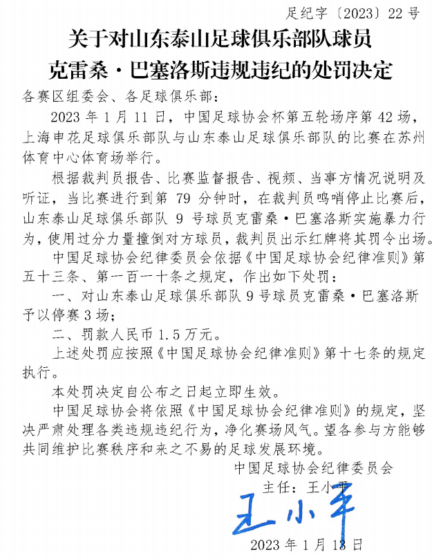 王小平签署的处罚决定 图/中国足协官网