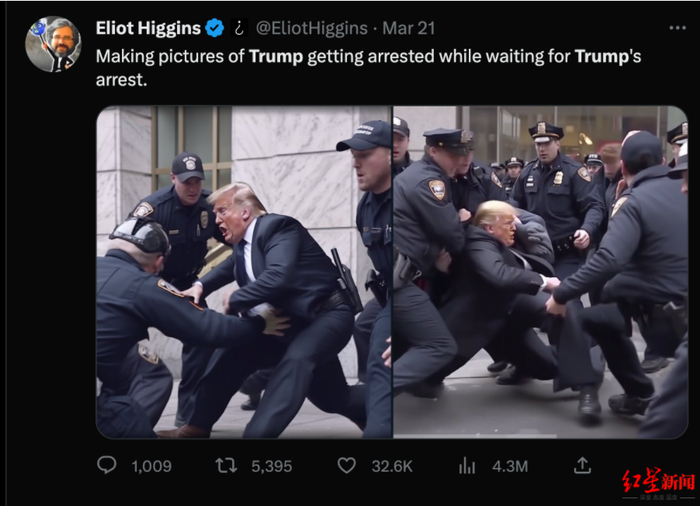 通过AI工具Midjourney合成的“特朗普被捕”图片