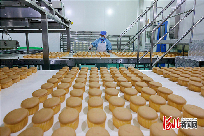 在河北马大姐食品有限公司烘焙车间，工人正在查看糕点成品。河北日报通讯员张曾良摄