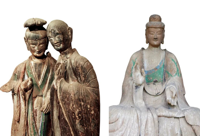 　　左图：麦积山石窟第121窟，前壁右的《菩萨与弟子》彩塑，以“窃窃私语”闻名。右图：麦积山石窟第44窟，正壁的主佛，有“东方的微笑”之称。供图/麦积山石窟艺术研究所