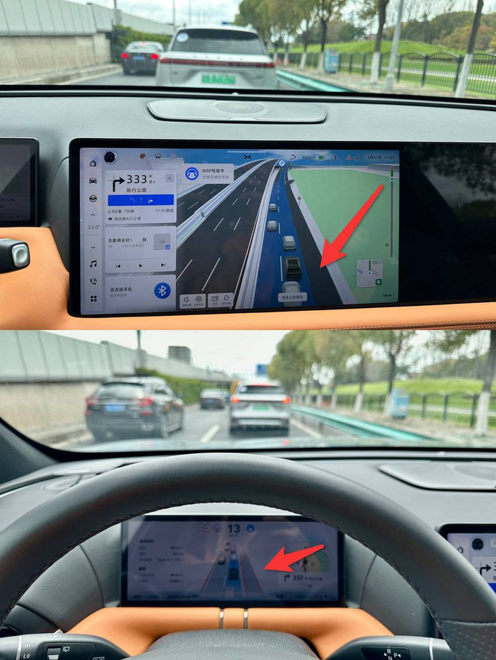 中控屏的高精地图数据显示右侧没有围栏，但主驾屏的BEV感知到了围栏的存在，并划出了红色的边界