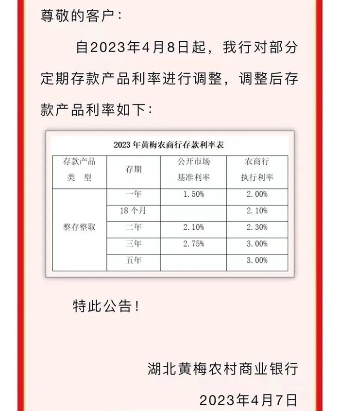 湖北黄梅农商银行调整后的存款利率