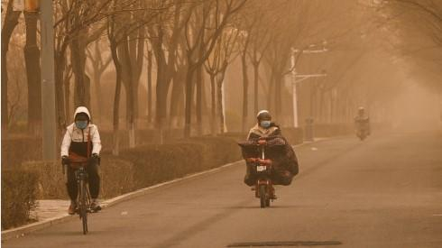 北方多地出现沙尘天气。 4月10日，市民在呼和浩特市街道上骑行。新华社图