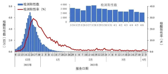 全国报告人群新型冠状病毒核酸检测阳性数及阳性率变化趋势。中国疾控中心图
