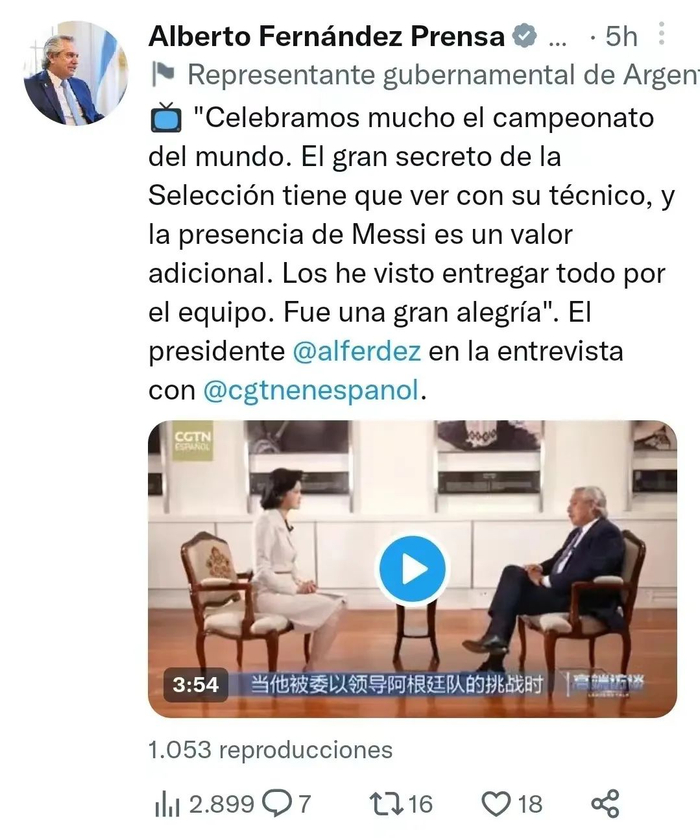 阿根廷总统费尔南德斯个人账号发布十余条推文展示专访内容