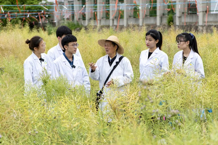 傅廷栋（右三）在田间指导学生。（刘涛 摄）