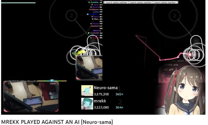 Neuro-sama 在 1V1 比赛中击败了《osu!》 全服排名第一的人类选手 mrekk |图源：YouTube