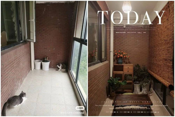 凉白开的阳台改造前后对比图。图/小红书@凉白开