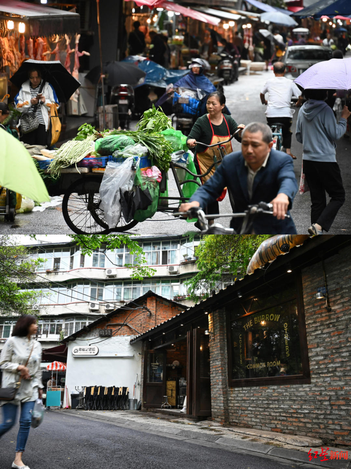 ▲上为菜市，下为街尾的咖啡店