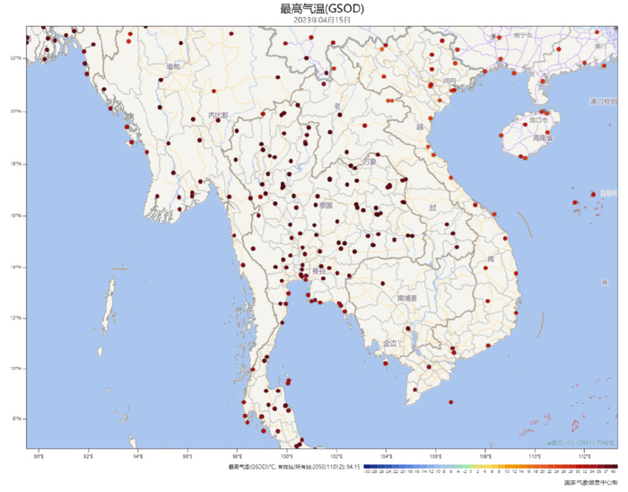 4月15日中南半岛高温地区分布图 图片来源/国家气象信息中心　