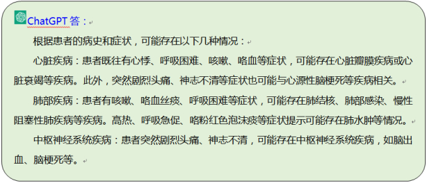 以上对话可见：一次回答，ChatGPT给出了心脏、呼吸和中枢系统疾病，及其它可能性，中规中矩，思考周全。 