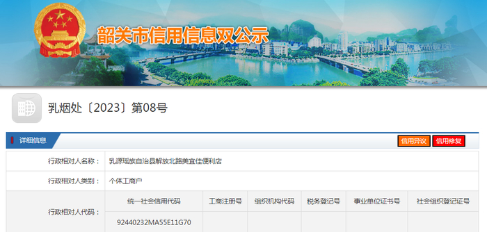 中国质量新闻网讯 近日，广东省韶关市人民政府网站发布一条处罚信息，涉及乳源瑶族自治县解放北路美宜佳便利店。具体信息如下：