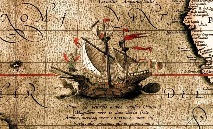 维多利亚号单船完成了首次环球航行。（《马里斯太平洋海图》局部，1589年）图／wiki