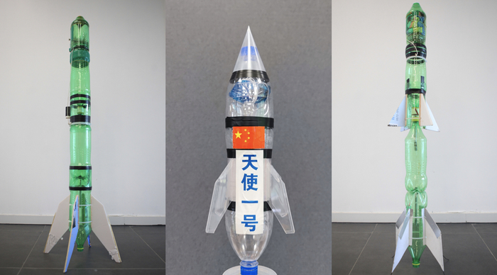 一级水火箭（左）、“天使一号”水火箭（中）、二级水火箭（右）